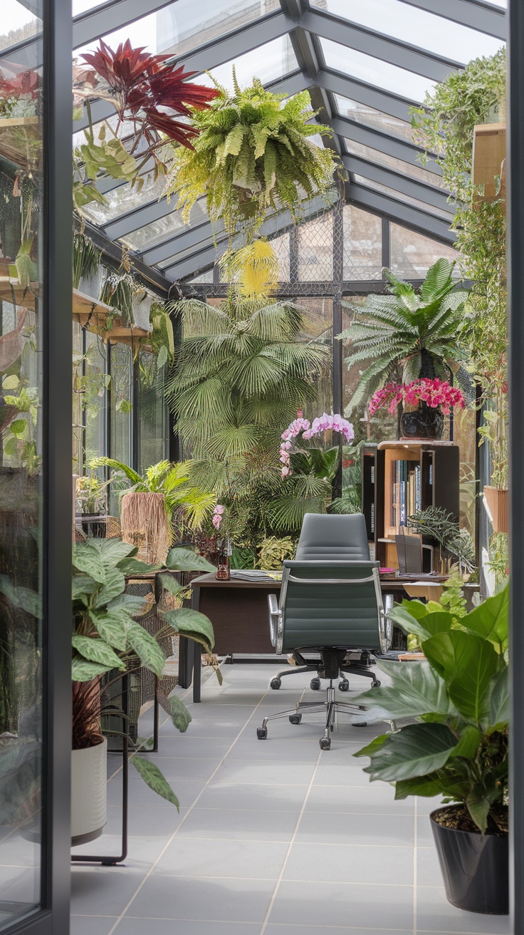 A lush botanical sunroom filled with green plants, sunlight streaming through glass panels, and cozy furniture.