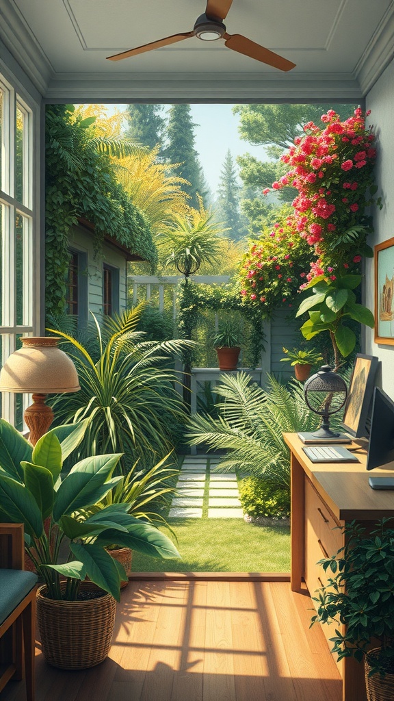 A vibrant home office with a view of a lush garden filled with plants and flowers.