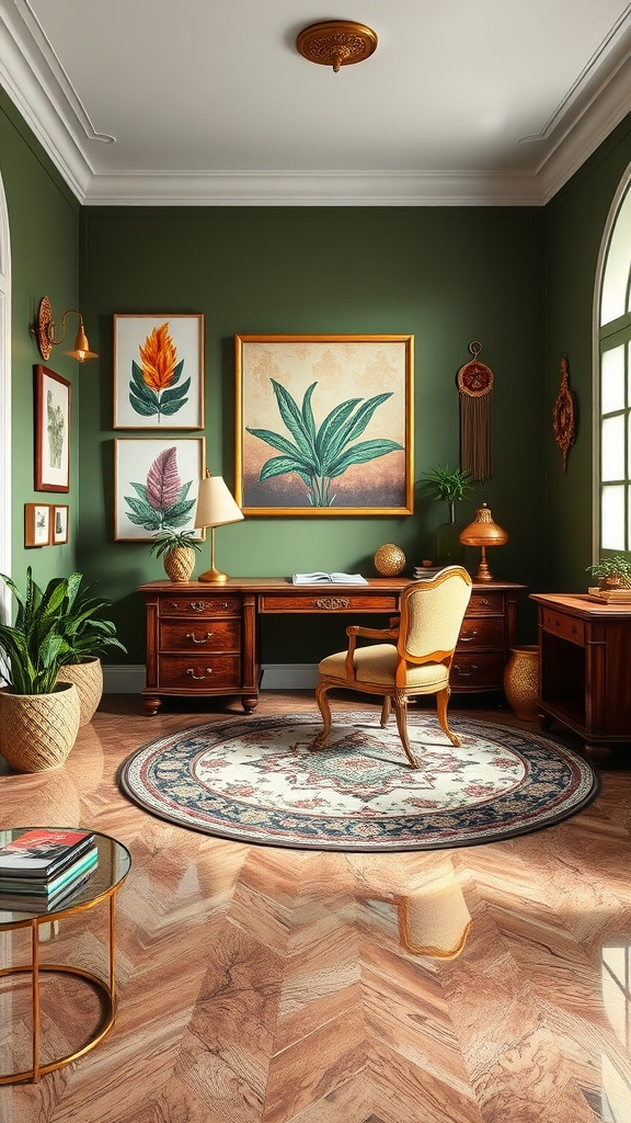 Cozy home office with olive green walls and lush green wall art featuring botanical prints.