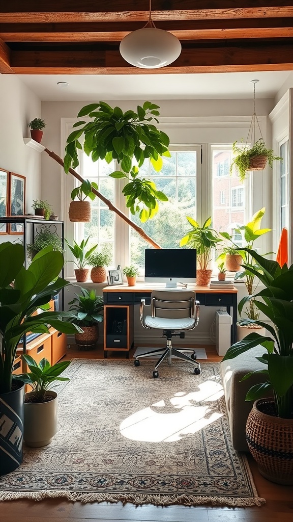 Lush indoor plants in a cozy living room with abundant natural light and a comfortable sofa.