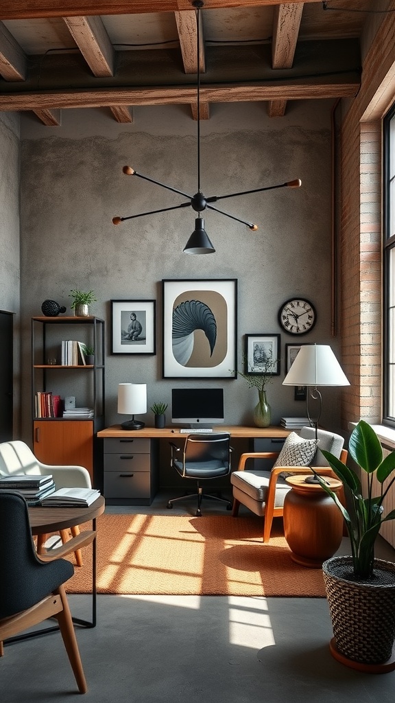 A modern home office featuring luxe industrial style with exposed brick, wooden beams, and stylish furniture.