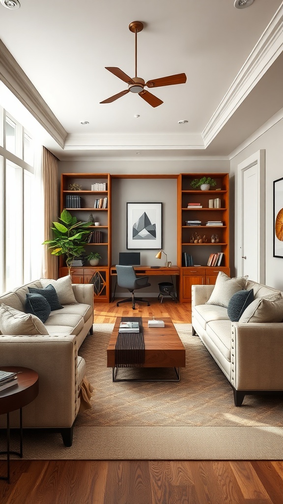 A cozy living room with plush sofas, a modern coffee table, and a home office setup in a stylish and warm environment.