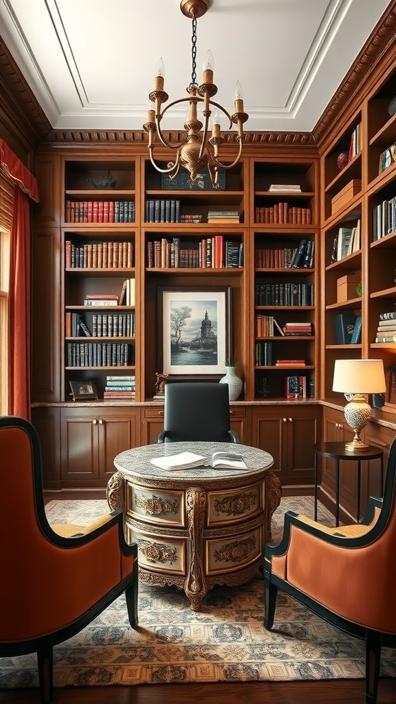 A luxurious home library with dark wooden shelves filled with books, plush armchairs, and a stylish coffee table.