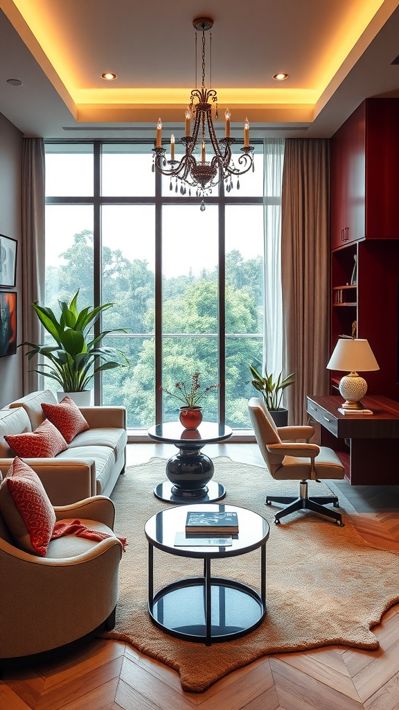 Luxurious home office with modern decor, large windows, and stylish furniture.