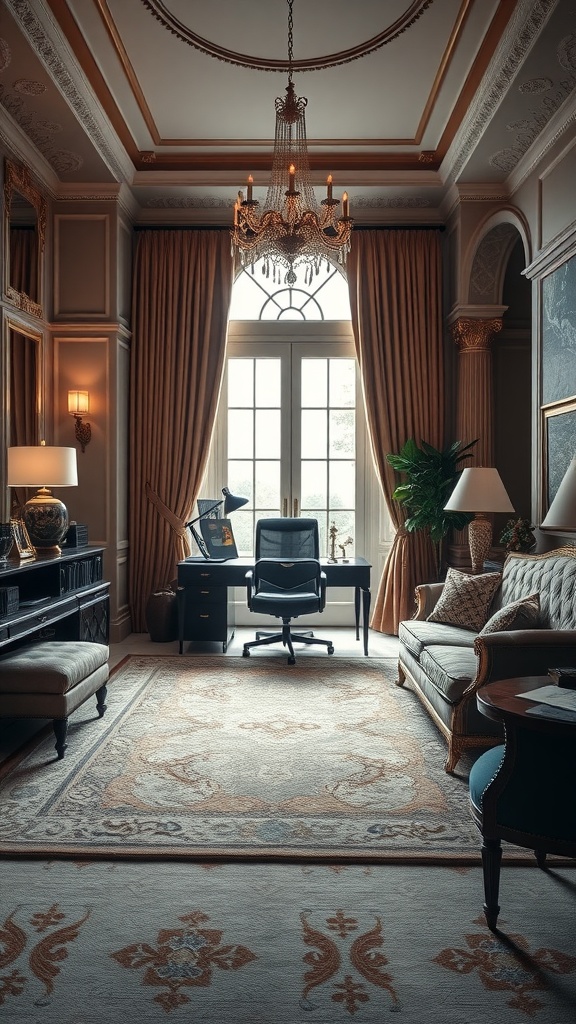Luxurious home office with plush textiles, elegant chandelier, and rich decor.