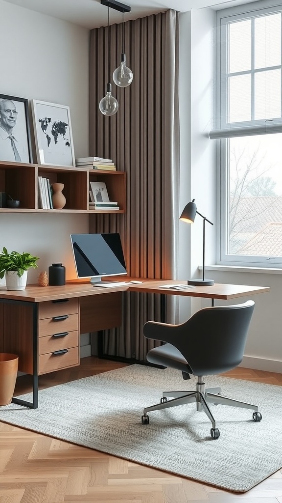 A minimalist home office with wooden furniture and a potted plant.