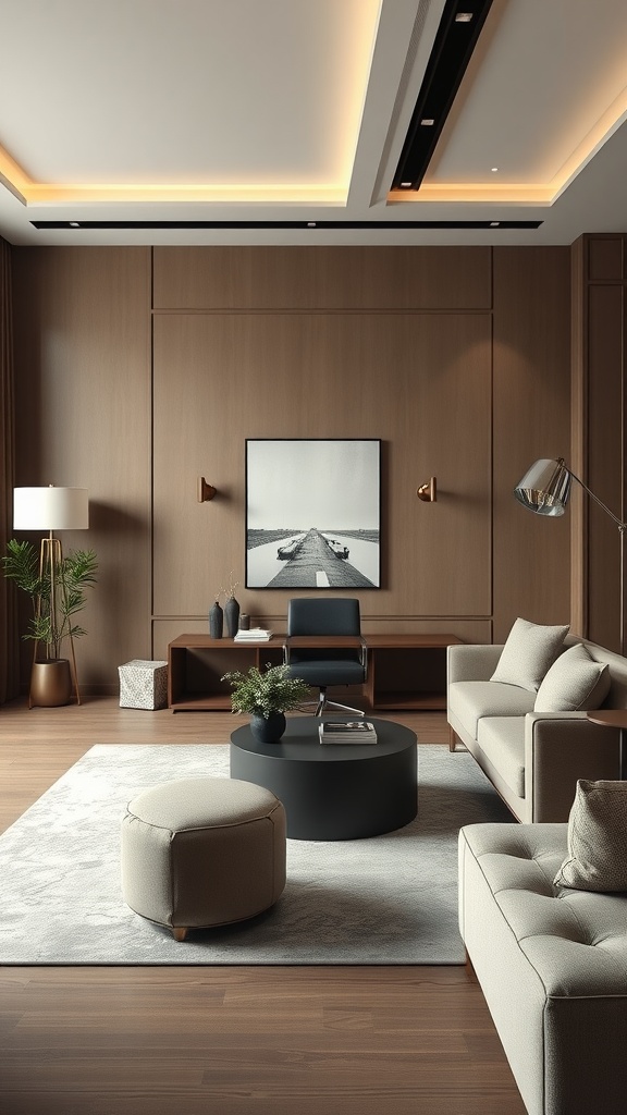 A luxurious living room with neutral tones, stylish furniture, and a cozy atmosphere.