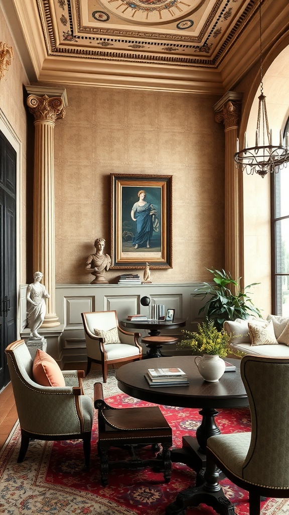 Luxurious villa office interior showcasing Roman architecture elements with elegant columns, detailed ceilings, and classic furniture.