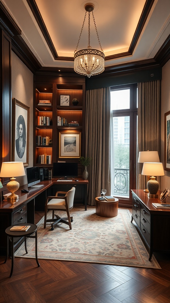 A luxurious home office with wooden furniture, a chandelier, and large windows