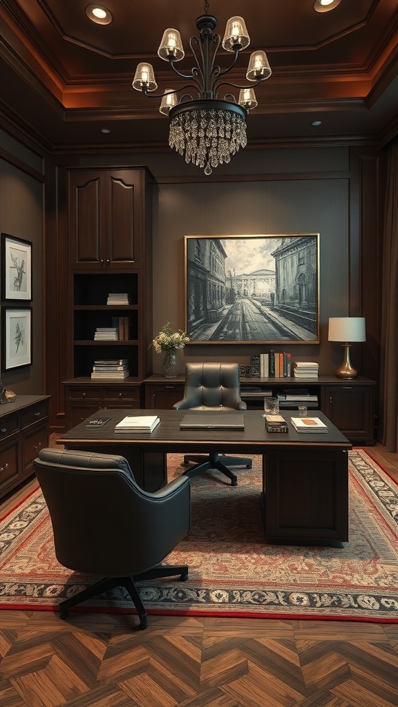Luxurious home office suite featuring elegant wooden furniture, a chandelier, and stylish decor.