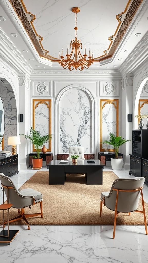 Luxury home office featuring marble accents, elegant furnishings, and a sophisticated design.