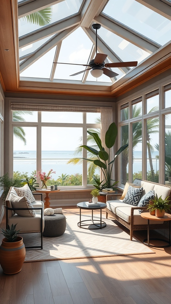 A luxurious sunroom with large windows and a glass ceiling, featuring comfortable seating and plants, overlooking a beautiful outdoor view.