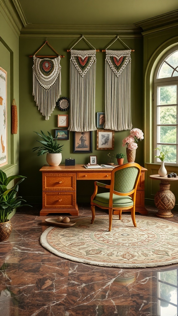 A cozy home office featuring olive green walls and three macrame wall hangings.