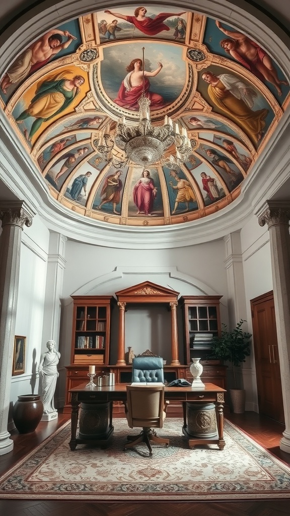 A luxurious home office featuring a majestic domed ceiling with intricate paintings and a chandelier.