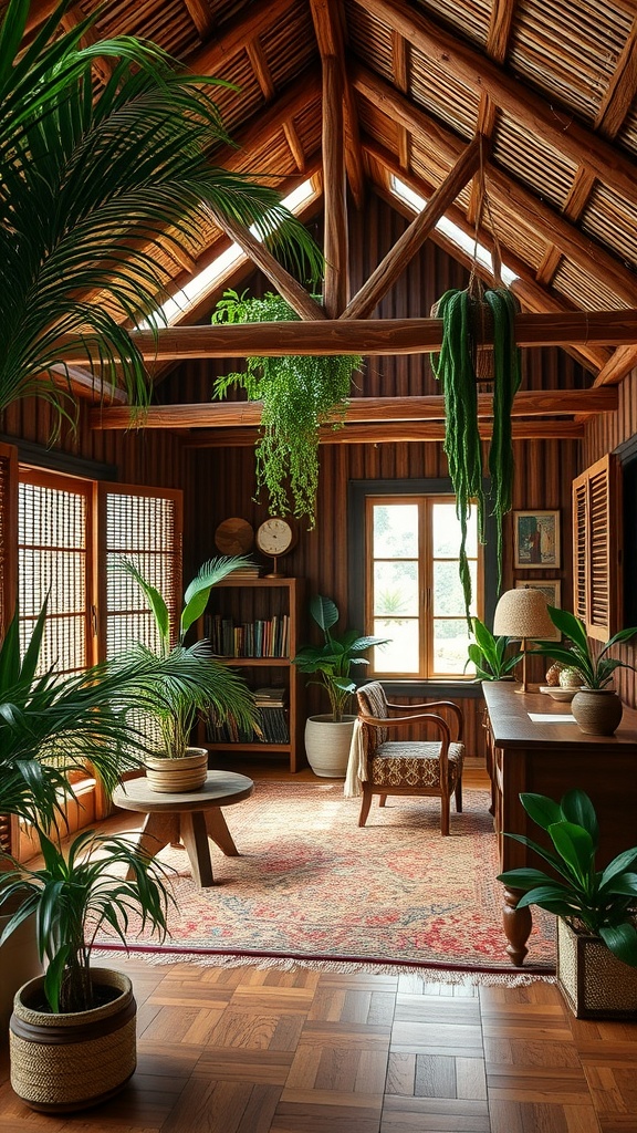 A cozy home office designed in Malagasy style, featuring wooden beams, plants, and natural light.