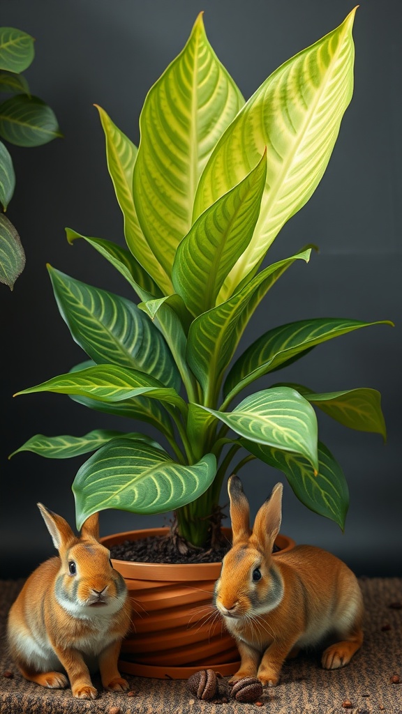 A Maranta plant with intricate leaf patterns alongside two cute rabbits.