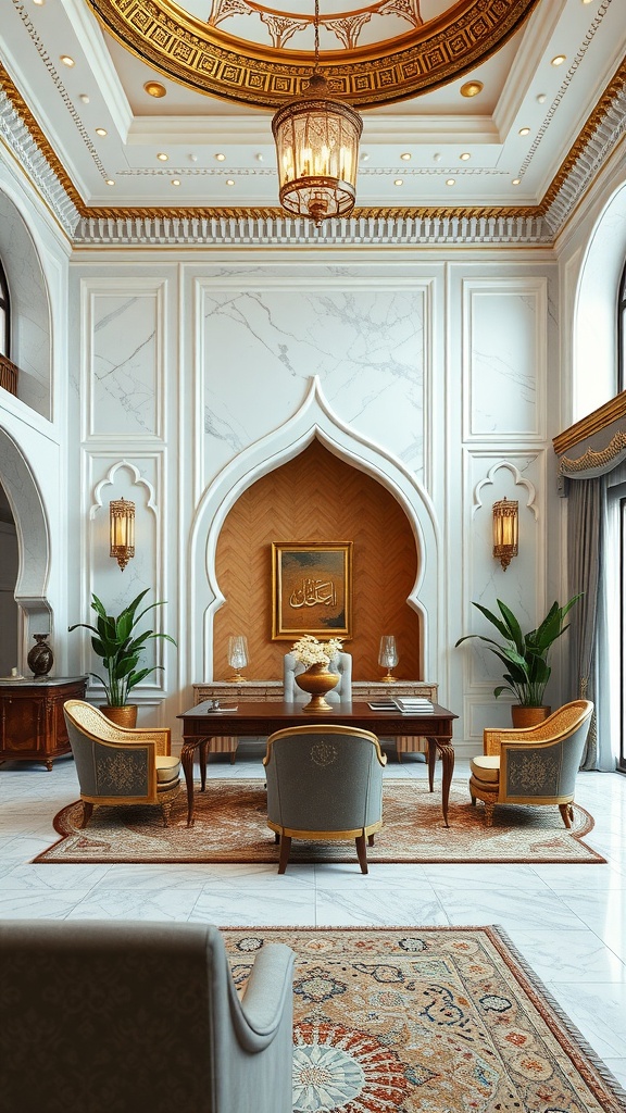 Luxurious home office with marble flooring and gold accents, featuring Arabic architectural elements.