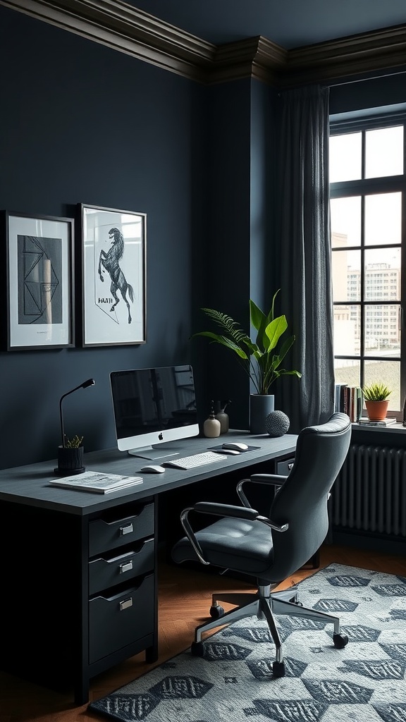 A modern masculine home office featuring navy walls, a sleek desk, and stylish decor.