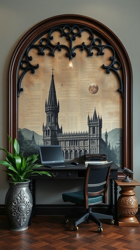 Medieval-inspired wall art featuring a gothic architecture drawing in a home office setting.