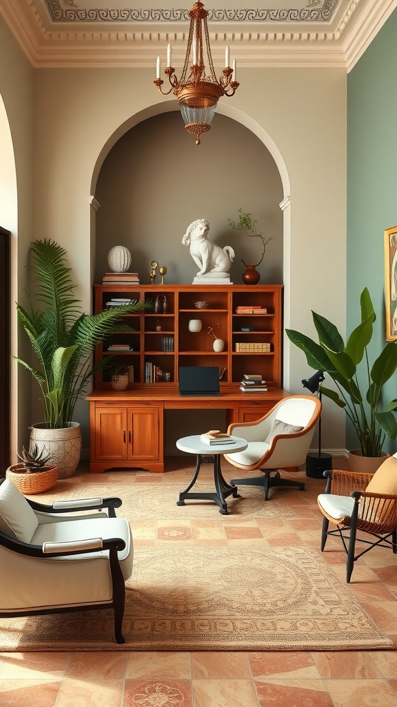 A cozy home office with Mediterranean color palette, featuring terracotta tile floor, elegant furniture, and greenery.