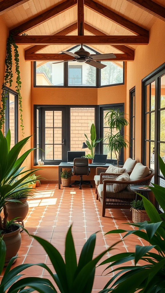 A bright Mediterranean-style sunroom with wooden beams, terracotta flooring, and plants, featuring a workspace with a desk and comfortable seating.