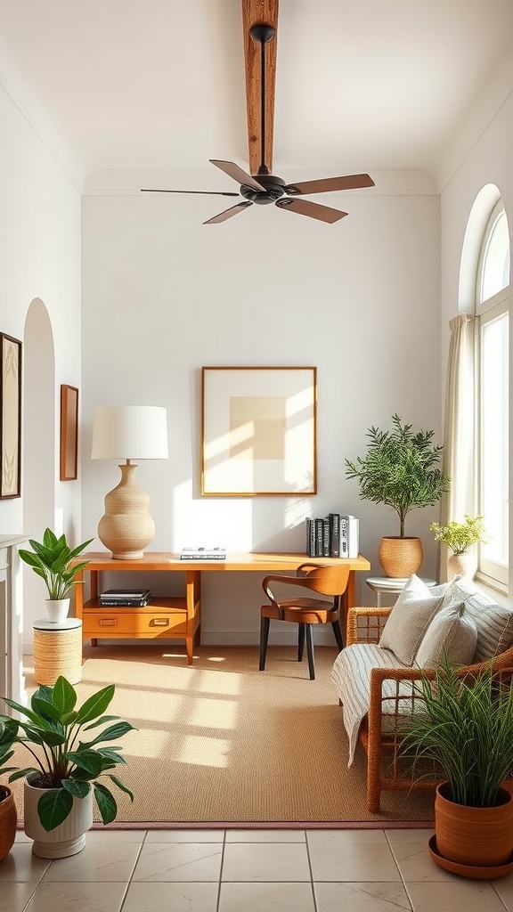 A serene home office with Mediterranean design elements, featuring a wooden desk, plants, and comfortable seating.
