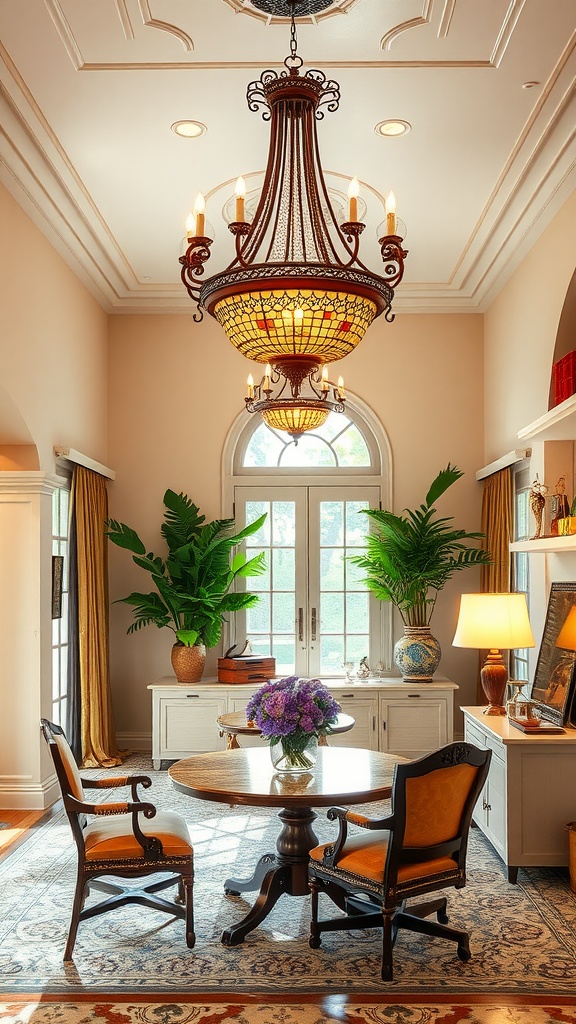 A luxurious chandelier with warm candle-like bulbs hanging above a elegantly set dining table in a Mediterranean style room.