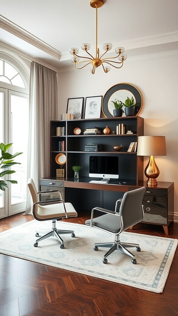 A modern home office with metallic accents, featuring a chandelier, desk, and stylish chairs.