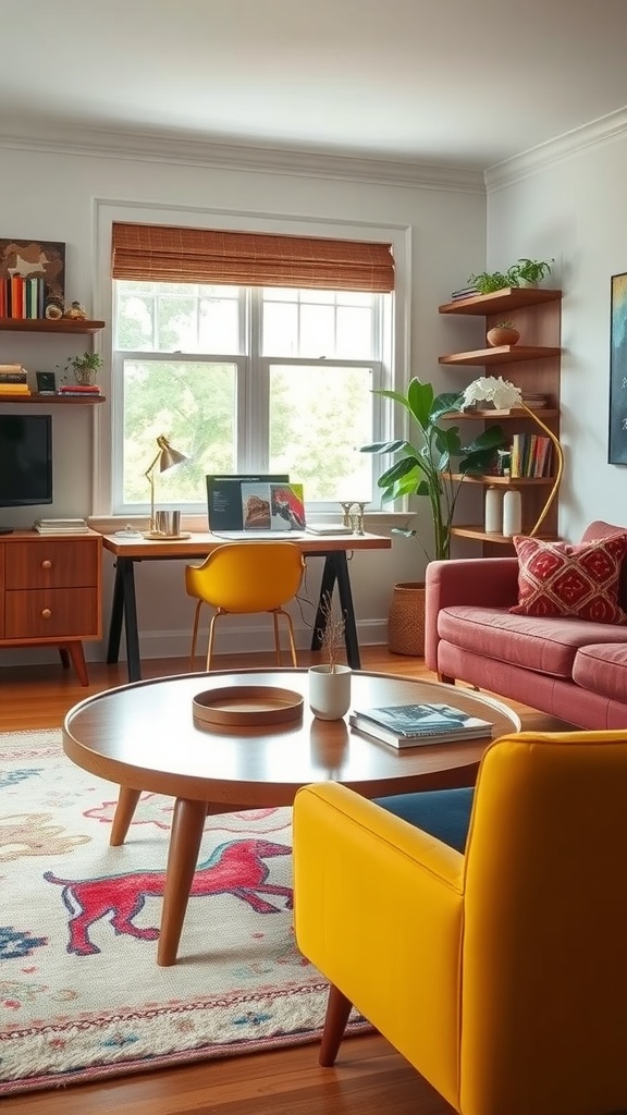 Cozy home office featuring mid-century modern coffee table, yellow chair, and pink sofa.
