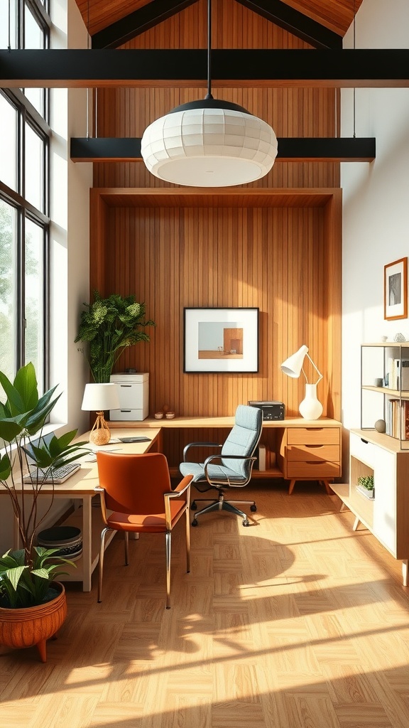 A mid-century modern home office featuring wooden paneling, large windows, and minimalistic furniture.