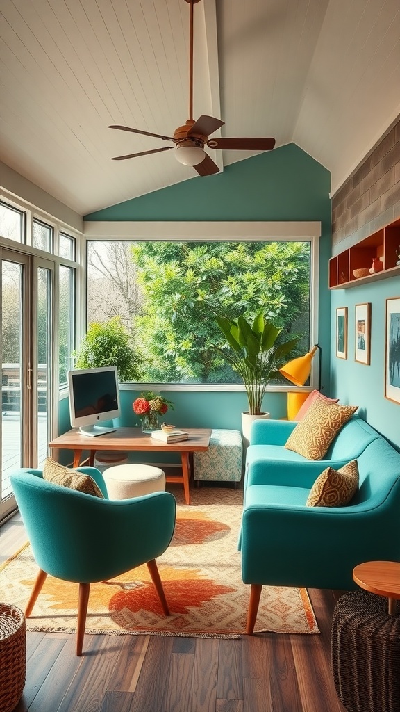 A mid-century modern sunroom featuring turquoise walls, cozy furniture, and a bright atmosphere.
