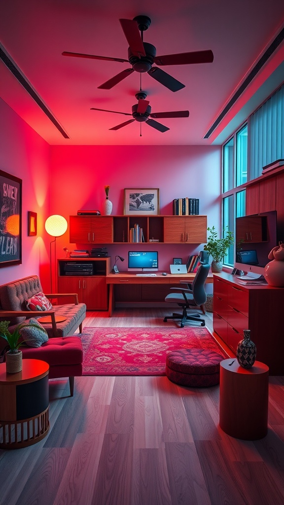 Mid-century modern home office with stylish decor and warm lighting