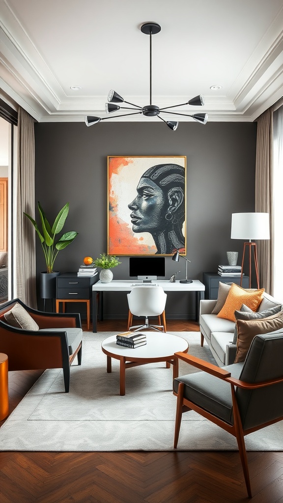 A modern home office showcasing Milanese Chic design with stylish furniture and decor.