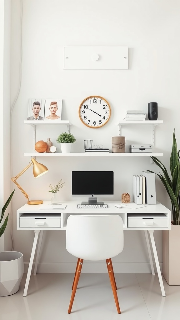 A minimalist office setup featuring two silver alarm clocks, a white background, a notebook, and some papers.