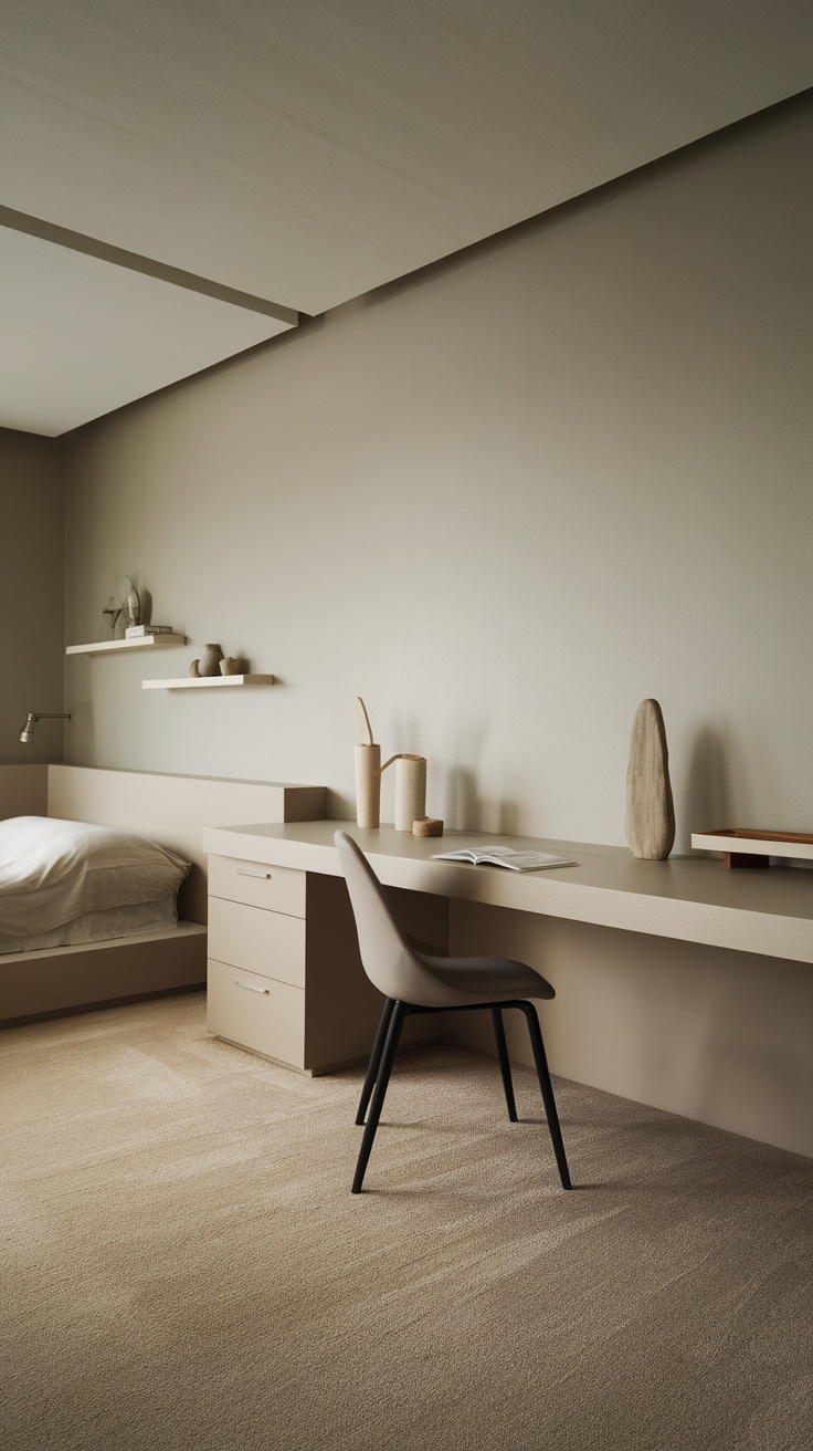A minimalist bedroom office combo featuring a bed, desk, and warm lighting.