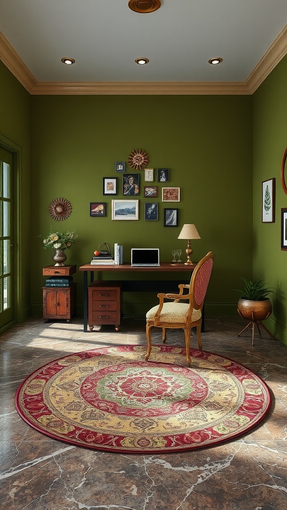 Minimalist bohemian home office with olive green walls and rustic decor.