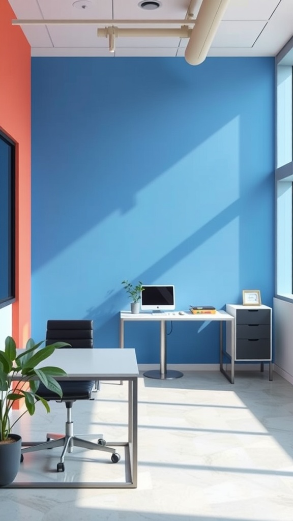 Minimalist office space with color blocking in blue and orange.