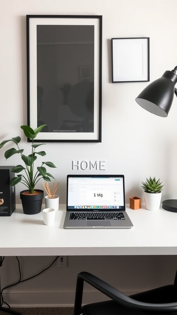 Minimalist desk setup with laptops, a plant, and a notepad in a bright, clean space.