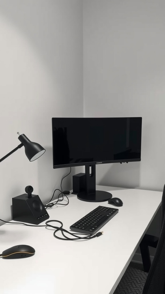 A minimalist desk setup featuring a laptop, two monitors, a keyboard, and organized cables.