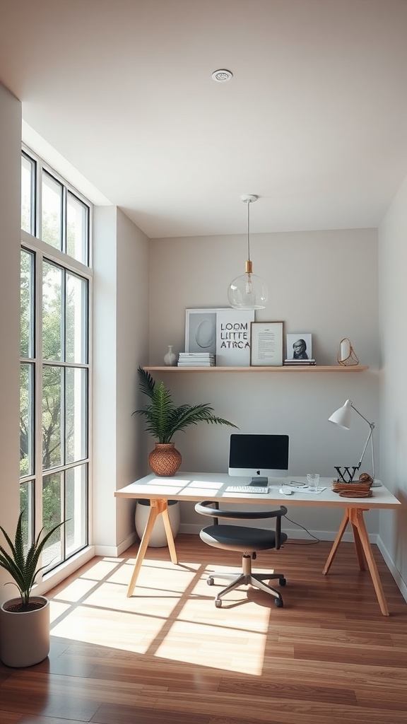 Minimalist home office with a desk, computer, and large windows providing natural light