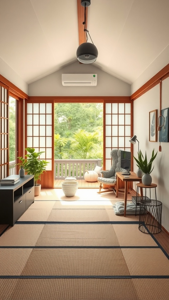 Minimalist Japanese sunroom with tatami flooring, wooden beams, and large windows