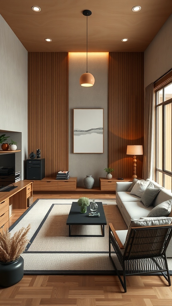 Minimalist Japanese tea room with wooden walls and simple furniture.