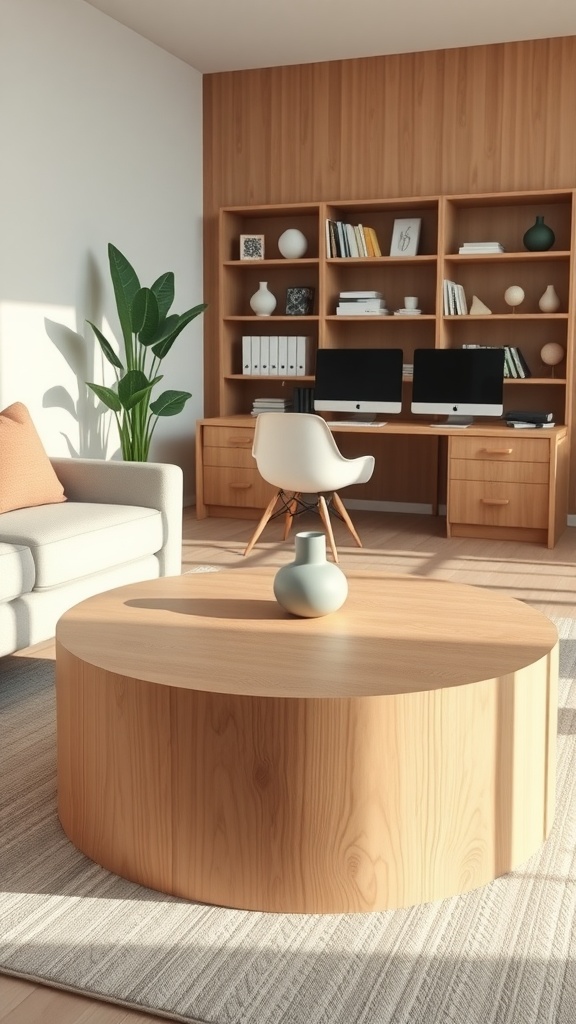 A cozy home office featuring a light wooden round coffee table, surrounded by minimalist decor, including plants and a wooden bookshelf.