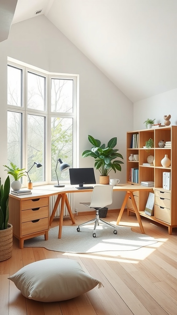 Minimalist Scandinavian workspace with natural light, wooden beams, and plants