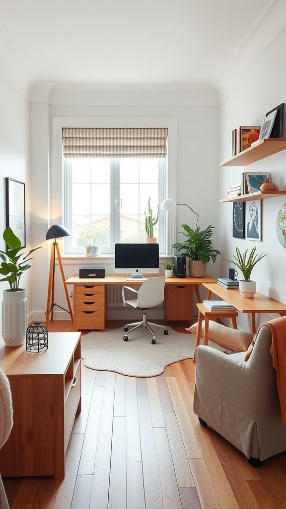 Minimalist Scandinavian workspace with a clean desk, ergonomic chair, plants, and natural light.