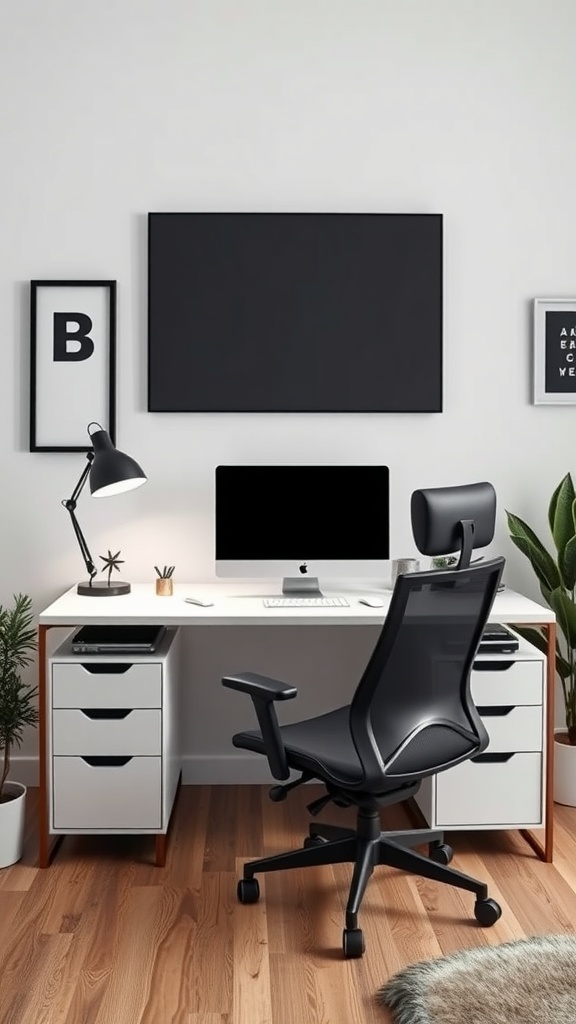 A minimalist workspace setup with a modern desk, computer, and plants.