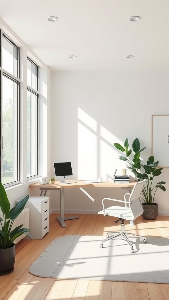 Minimalist home office with natural light, featuring a wooden desk, plant, and modern chair.