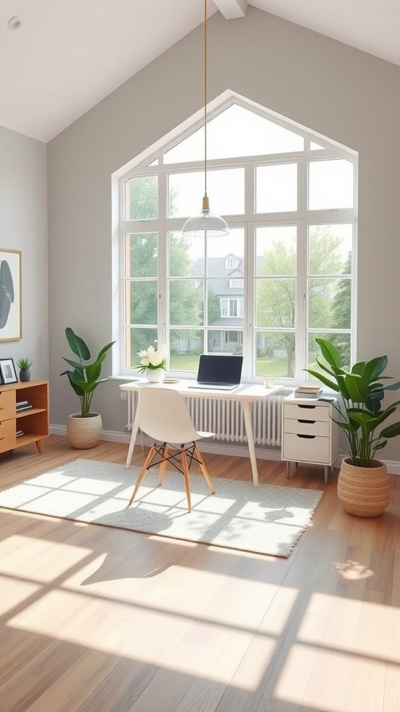 A minimalist home office with a desk by a window, showcasing Scandinavian interior design and natural light.