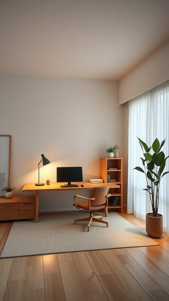 Minimalist workspace featuring natural wood accents and a clean, inviting design.