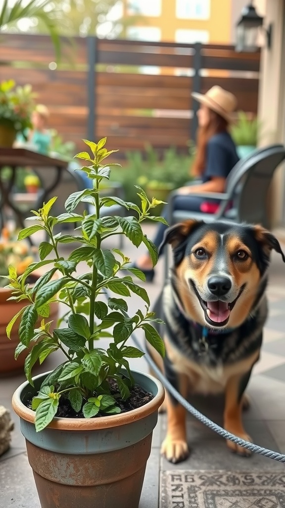 A happy dog sitting beside a healthy mint plant in a pot, showcasing a pet-friendly gardening environment.